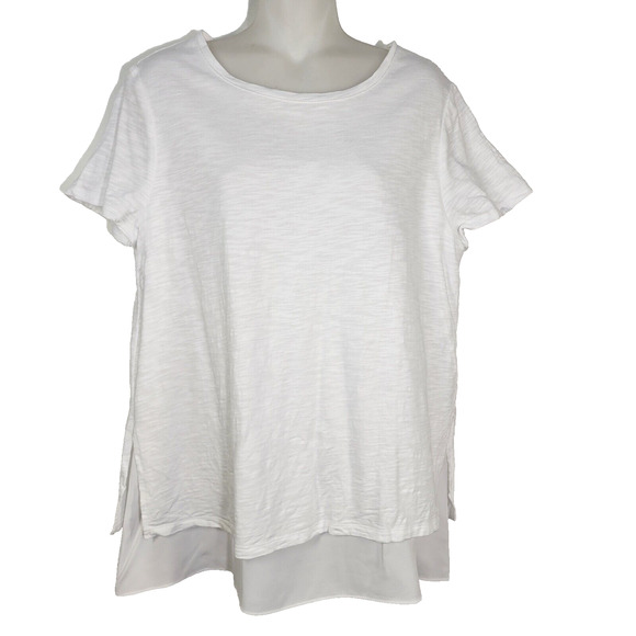 Chico's Tunic Top Womens Size 1 Medium White Layered Knit Woven Split Back Relax - Picture 1 of 9